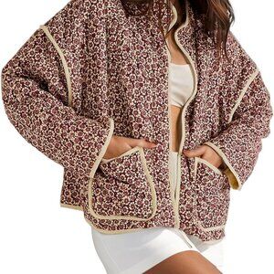 Women Floral Quilted Puffer Jacket Cropped Lightweight Patchwork Vintage Padded